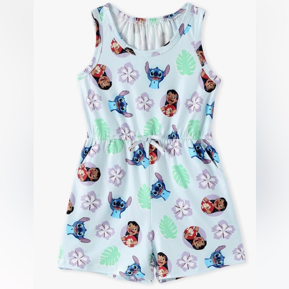 NWT Disney Girls' Lilo & Stitch Print Sleeveless Romper - Light Blue
